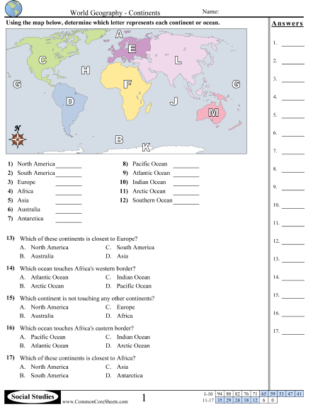 Geography Worksheets - World Geography - Continents worksheet